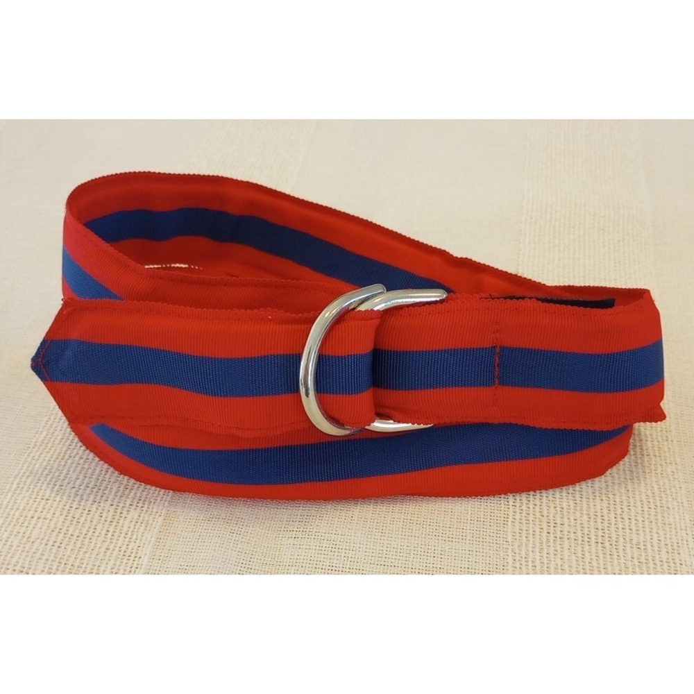 CK Bradley Tally Ho Red&Blue Grossgrain Ribbon Belt Double Loop Style M EUC